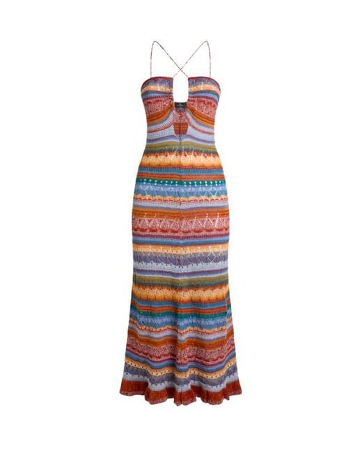 Etro White Long Knit Cotton Dress With Stripes And Openwork