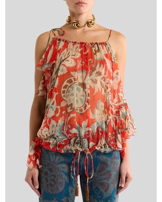 Etro Red One-Sleeved Silk Top With Floral Motif