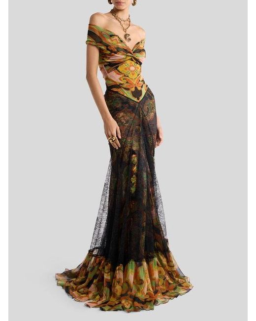 Etro Natural Silk Maxi Skirt With Lace And Floral Motif