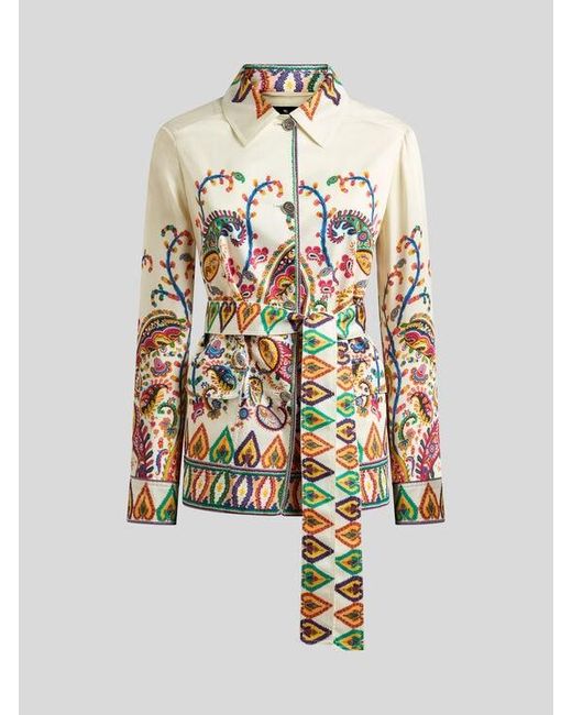 Etro White Silk Field Jacket With Placed Floral Paisley Print