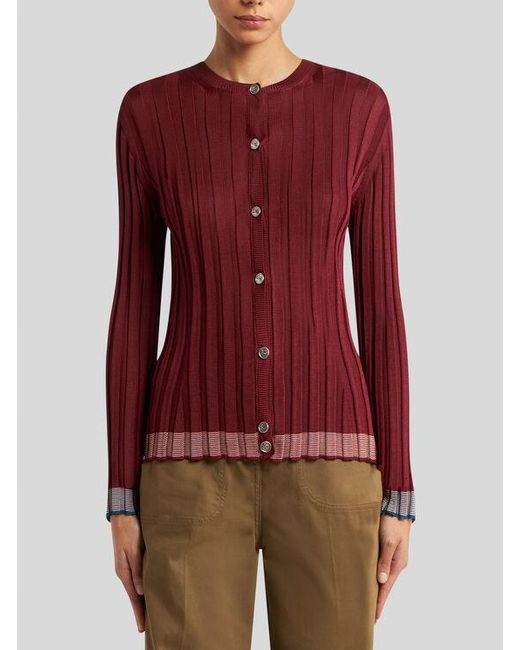 Etro Red Ribbed Cardigan With Pegaso Buttons