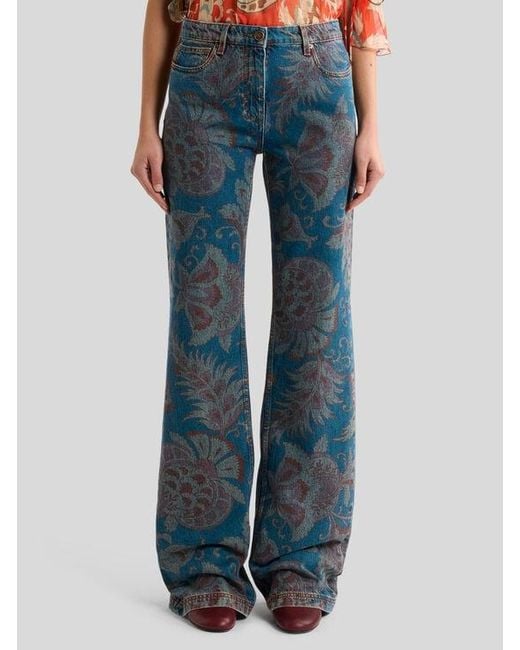 Etro Blue Flared Jeans With Floral Motif