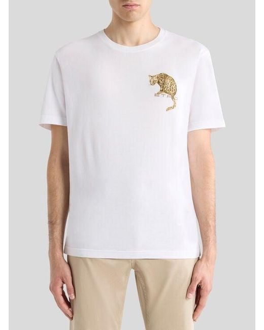 Etro White Cotton T-Shirt With Leopard Print And Embroidery for men