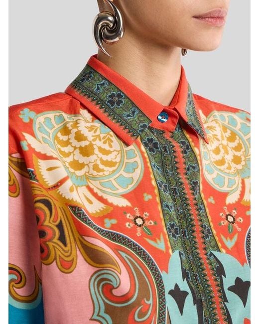 Etro Orange Long Cotton And Silk Shirt With Placed Print