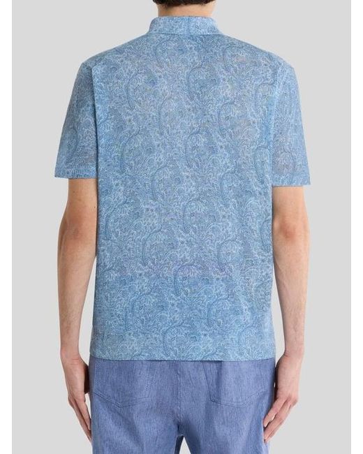 Etro Blue Linen-Blend Polo Shirt With Floral Motif for men