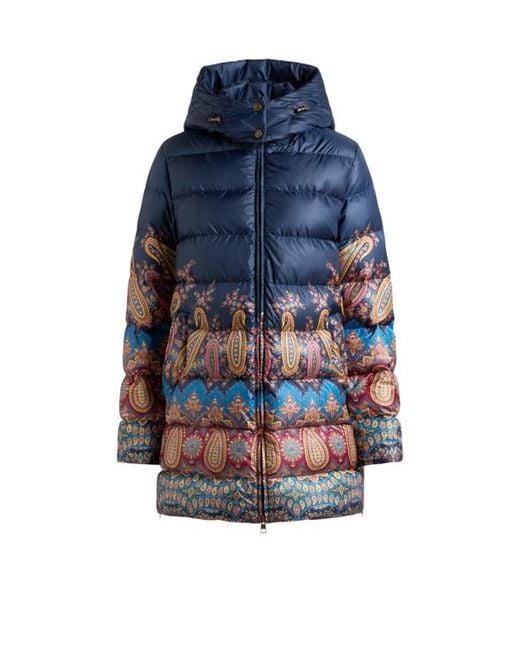 Etro Blue Down Jacket With Hood And Placed Print