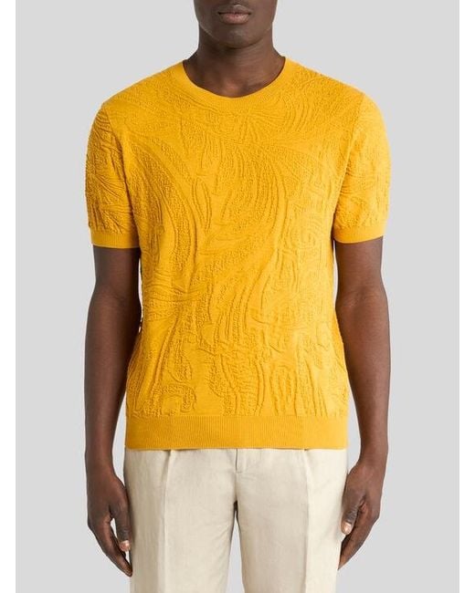 Etro Yellow Knit Cotton T-Shirt With Leafy Paisley Motif for men
