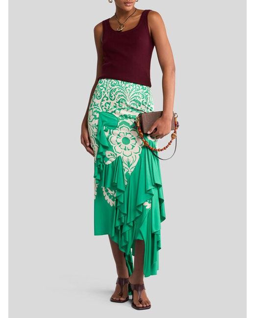 Etro Green Asymmetric Jersey Skirt With Flounce And Print