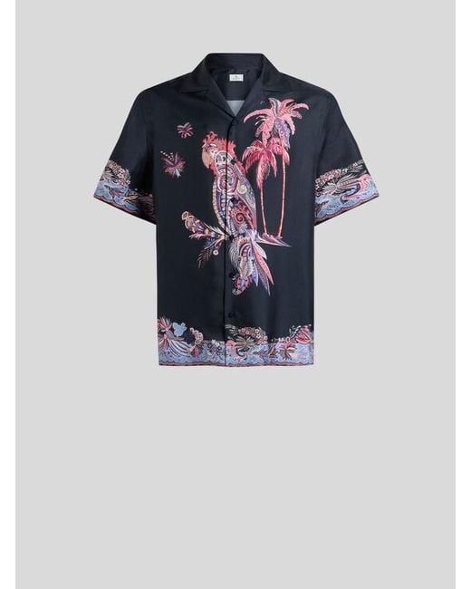 Etro Blue Cotton Bowling Shirt With Placed Parrot Print for men