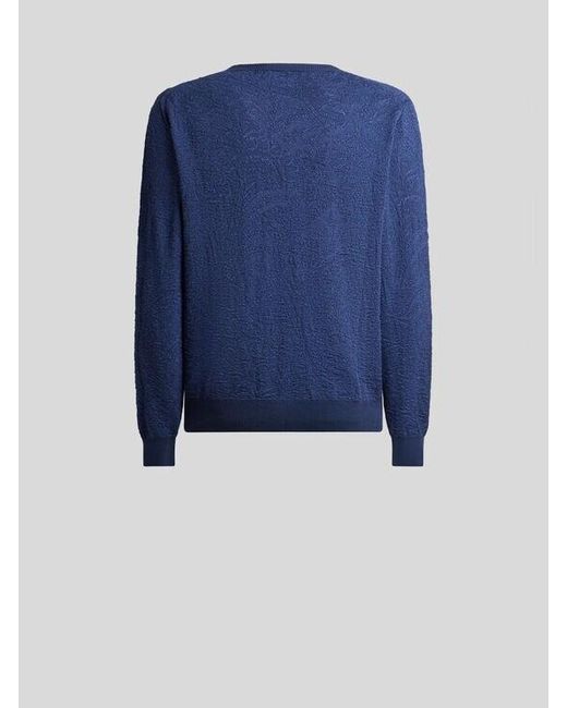 Etro Blue Cotton Sweater With Floral Paisley Motif for men