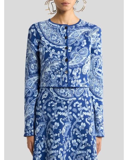 Etro Blue Jacquard Cropped Cardigan With Floral Paisley Motif