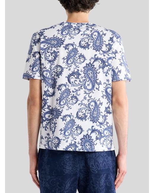 Etro Blue Cotton T-Shirt With Leafy Paisley Motif for men