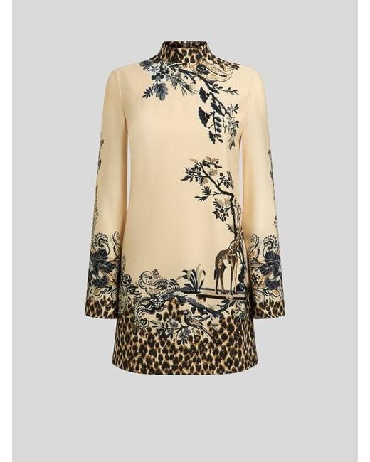 Etro Natural Envers Satin Mini Dress With Front Print And Leopard Motif