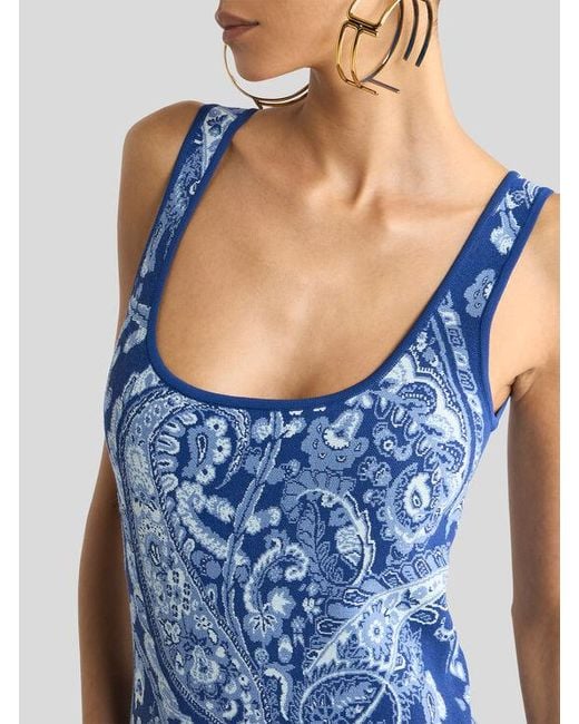 Etro Blue Jacquard Midi Dress With Floral Paisley Motif