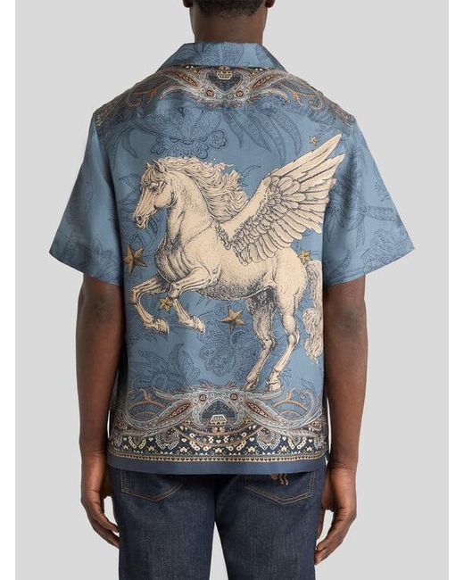 Etro Blue Silk Bowling Shirt With Placed Pegaso Print for men