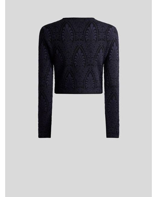 Etro Blue Cropped Jacquard Cardigan With Medallion Motif