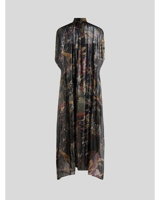 Etro Black Long Silk Dress With Cape Detail And Flower And Animal Motif
