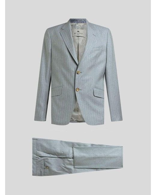 Etro Blue Single-Breasted Striped Wool And Cotton Suit for men