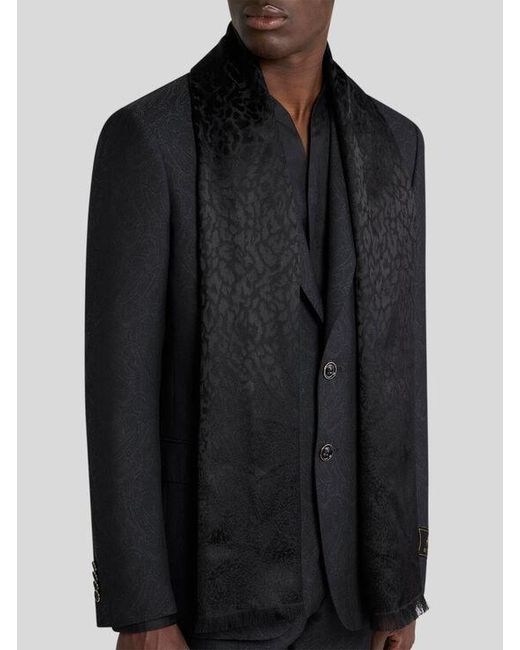 Etro Black Silk And Wool Scarf With Paisley And Animal Motif for men