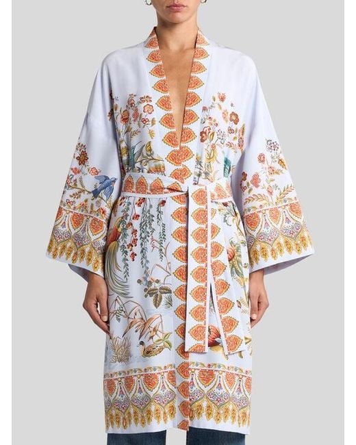 Etro White Silk Kimono With Placed Flora And Fauna Print