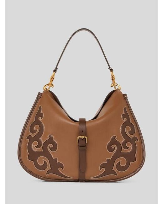 Etro Brown Maxi Leather Pony Bag With Texan Embroidery