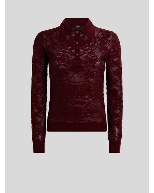 Etro Red Long-Sleeved Wool Jacquard Polo Shirt With Placed Motif