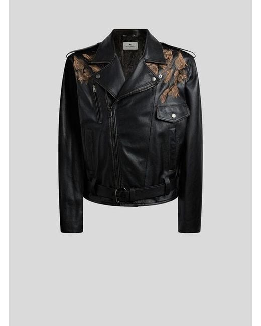 Etro Black Leather Biker Jacket With Placed Leopard Print for men