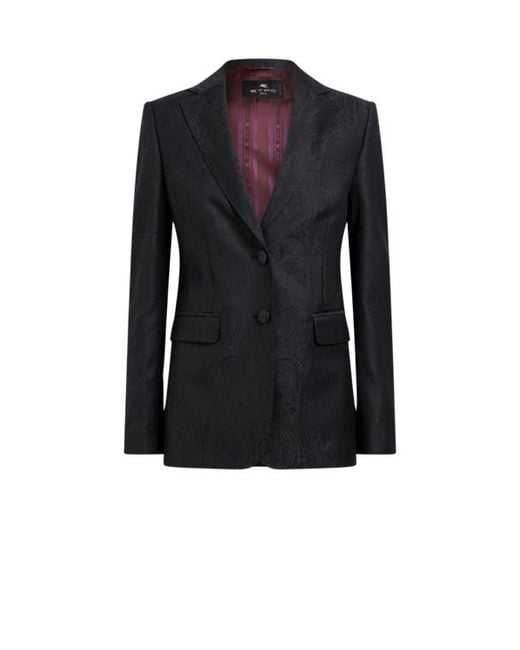 Etro Blue Single-Breasted Wool Jacquard Jacket With Arnica Motif