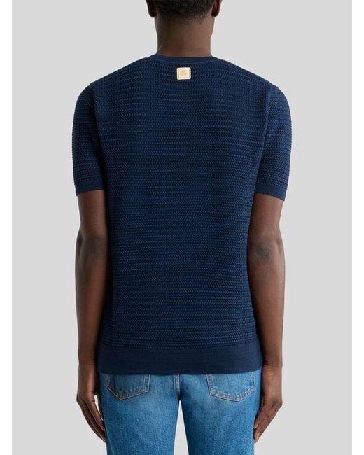 Etro Blue Knit Cotton T-Shirt With Braided Stitch for men