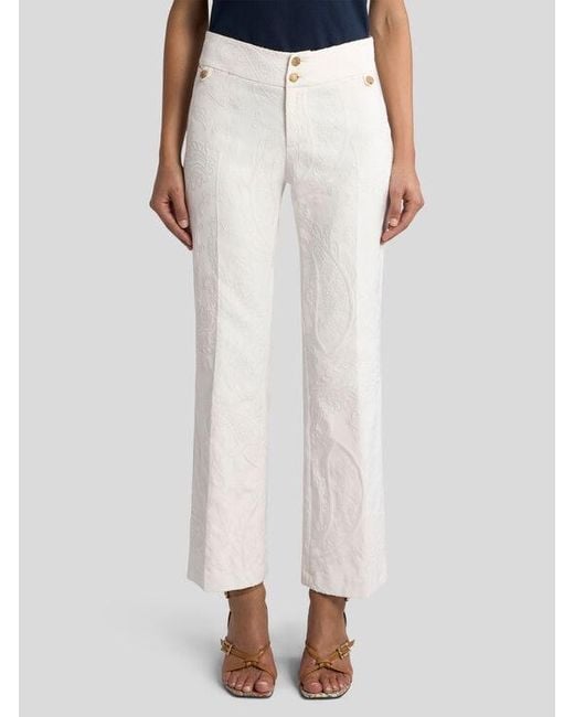 Etro White Flared Cotton-Blend Jacquard Trousers With Paisley Foliage Motif