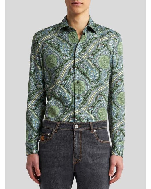 Etro Green Printed Cotton Shirt for men