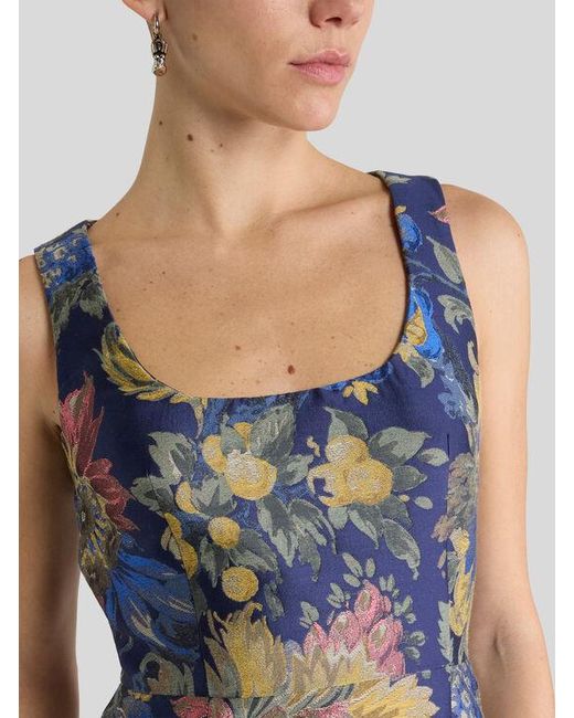 Etro Blue Cotton-Blend Jacquard Midi Dress With Floral Motif