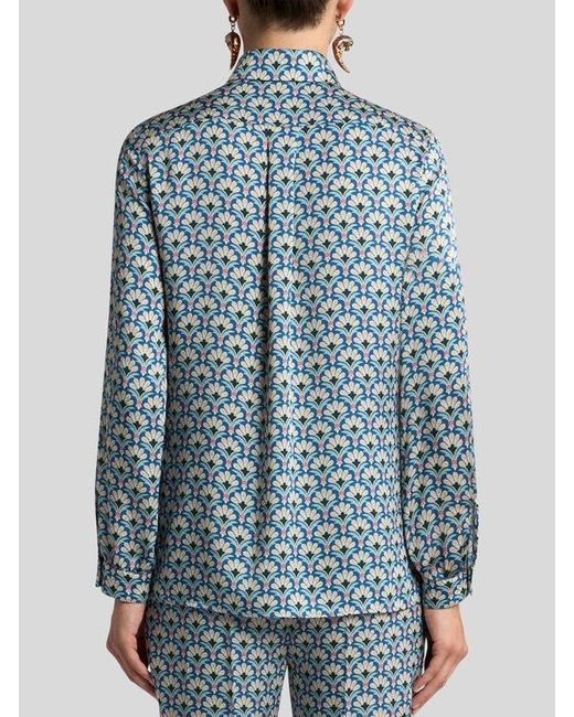 Etro Blue Twill Shirt With Micro Palm Motif