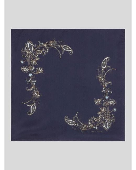 Etro Blue Printed Silk Pocket Square for men