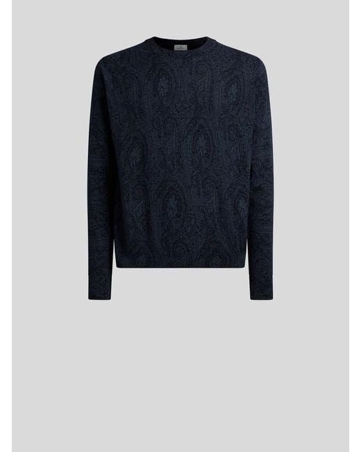 Etro Blue Cotton-Blend Sweater With Floral Arnica Motif for men