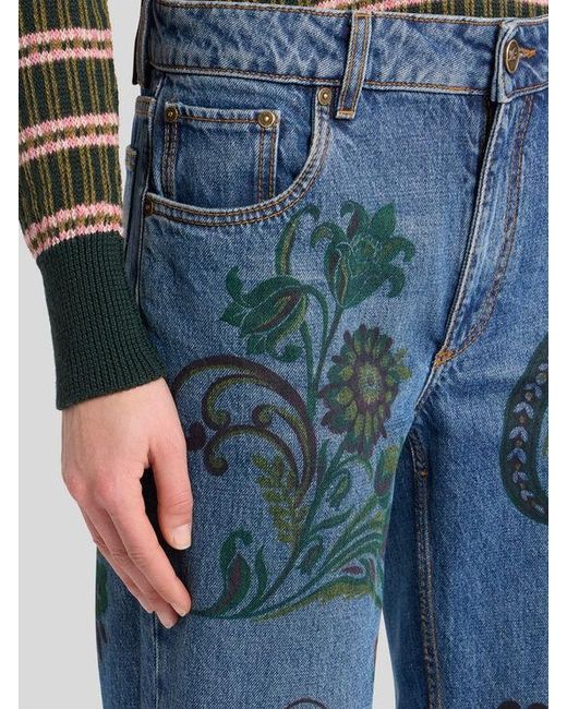 Etro Blue Flared Jeans With Flower And Bee Print