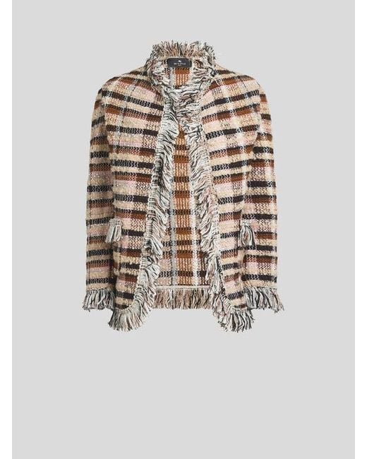 Etro White Wool-Blend Jacquard Jacket With Fringing