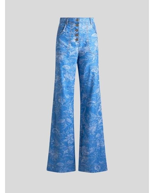 Etro Blue Flared Cotton And Linen Jacquard Denim Jeans With Floral Motif