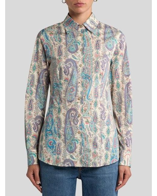 Etro Gray Stretch Cotton Shirt With Leafy Paisley Motif