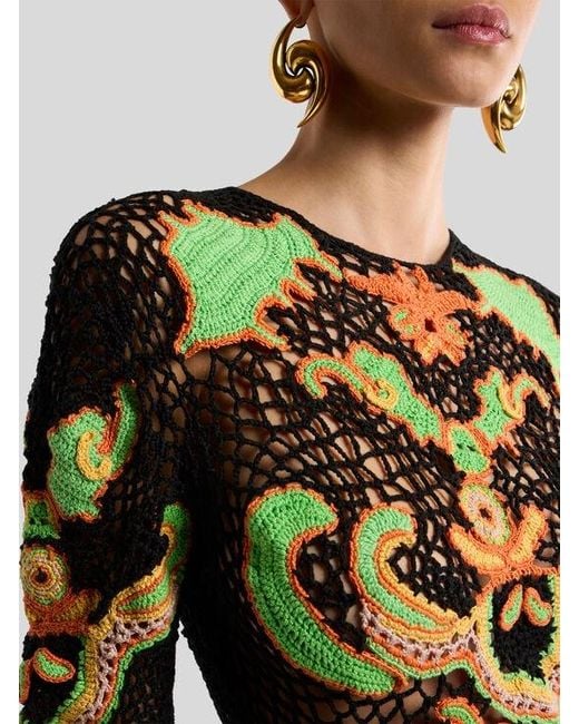 Etro White Long Cotton Dress With Crochet-Effect Floral Motif