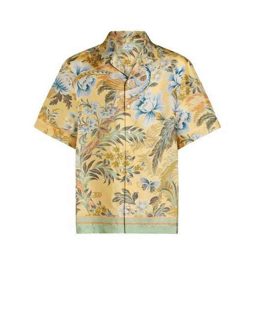 Etro Yellow Printed Silk Bowling Shirt for men