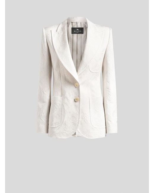 Etro White Single-Breasted Cotton-Blend Jacquard Jacket With Paisley Foliage Motif