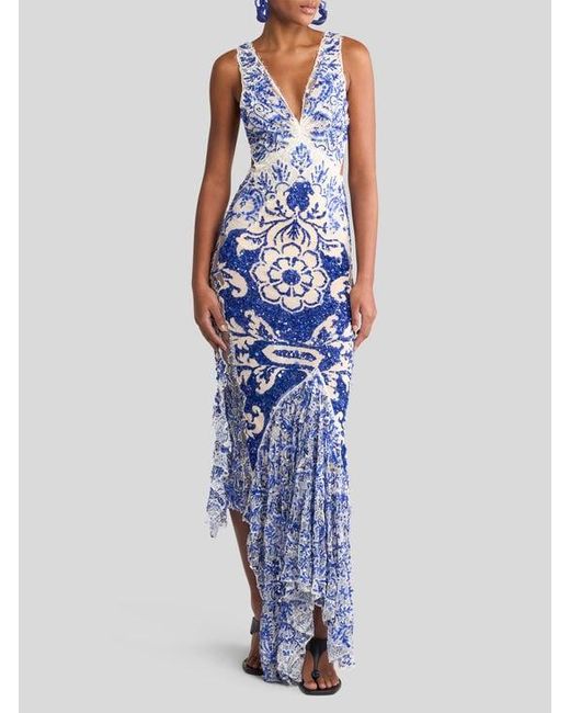 Etro Blue Long Dress With Sequin Embroidery