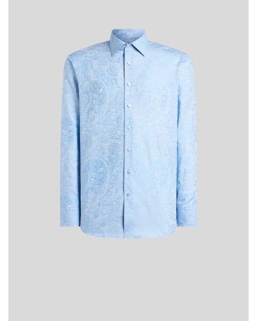 Etro Blue Cotton Jacquard Shirt With Paisley Foliage Motif for men