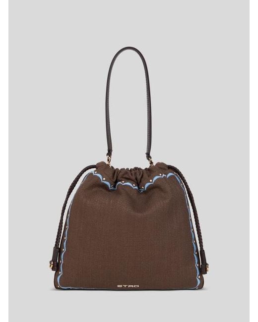 Etro Blue Medium Linen-Blend Kalispera Bag With Embroidery