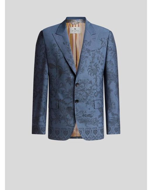 Etro Blue Single-Breasted Wool Jacquard Jacket With Flora And Fauna Motif for men
