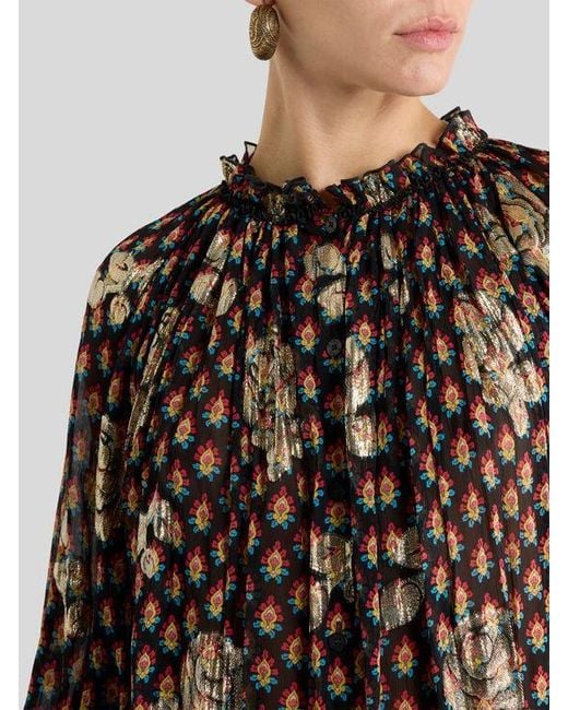Etro Brown Silk Shirt With Fil Coupé Roses And Tie-Inspired Motif