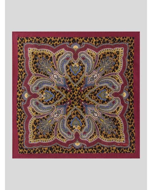 Etro Brown Silk Twill Scarf With Leopard Motif