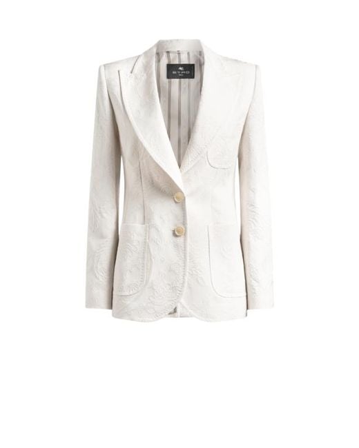 Etro White Single-Breasted Cotton-Blend Jacquard Jacket With Paisley Foliage Motif