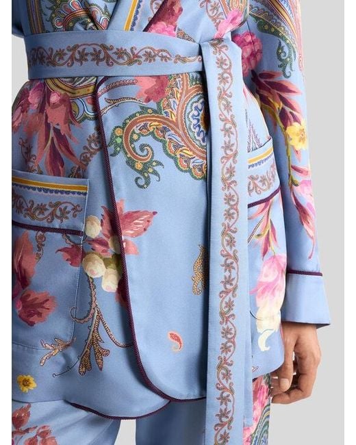 Etro Blue Silk Jacket With Belt And Floral Paisley Motif
